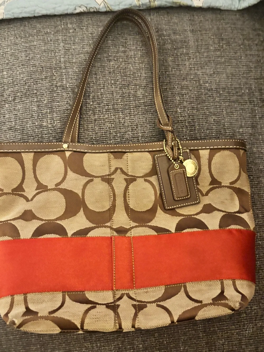 Coach Signature Stripe Tote 10124 Classic Brown Tan Orange